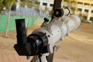 Refractor telescope, Optical telescope, device instrument for land lunar or planetary observation of distant object, magnified by lenses.