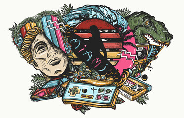 Game art. Statue head, laser tyrannosaur, surfing woman, audio cassette and VHS type. Retro wave music concept. Old school tattoo. Nostalgic cyberpunk style, 80s and 90s pop culture
