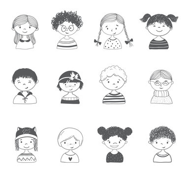 Hand drawn children faces set. Different nationalities, hair styles and clothes. Hand drawn vector illustration.