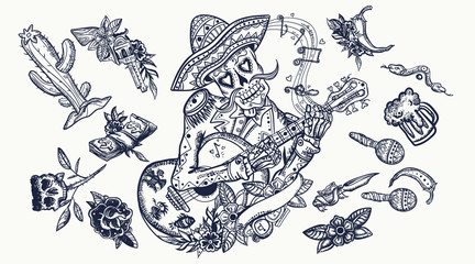 Mariachi skeleton wearing sombrero and playing guitar. Tattoo elements. Mexican art. Cactus, chilli pepper, gun, money, snake. Day Of Dead style. National culture and tradition