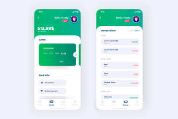 Finance app UI design concept with transaction page, credit card holder information. User banking app dashboard on phone.