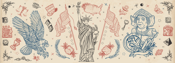 Fototapeta premium Traditional USA tattooing elements. United States of America. Patriotic art. Statue of liberty, eagle, flag, map. History and culture. Old school tattoo vector collection
