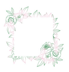 Frame with pink and green peony. Botanical hand drawing illustration for congratulations, invitations