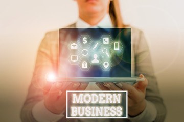 Conceptual hand writing showing Modern Business. Concept meaning economic system where goods and...