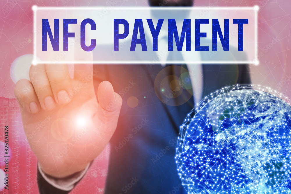 Poster writing note showing nfc payment. business concept for contactless payment that use nearfield commun