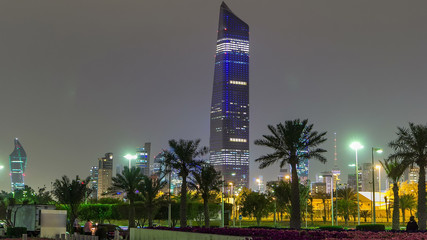 Tallest building in Kuwait City timelapse hyperlapse - the Al Hamra Tower at dusk. Kuwait City,...