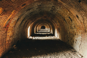 Inside an old abandoned brick factory with half-round domes and masonry stones, in the Fortmond nature reserve next to the IJssel rain river