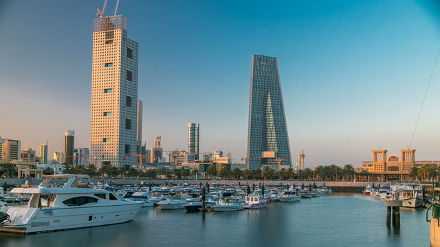 Yachts and boats at the Sharq Marina morning timelapse after sunrise in Kuwait. Kuwait City, Middle East