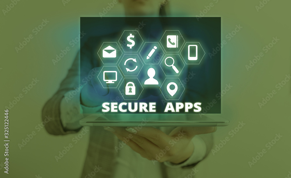 Poster word writing text secure apps. business photo showcasing protect the device and its data from unauth