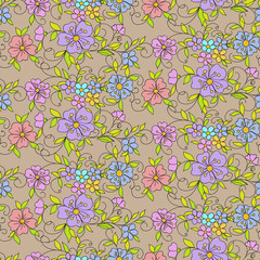 Seamless floral pattern of small decorative flowers in folk style. Botanical hand drawn illustration. Design for packaging, weddings, fabrics, textiles, wallpapers, website, cards