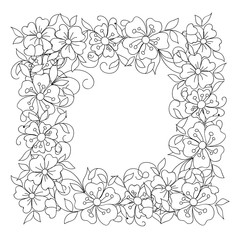 Doodle floral frame in black and white. Monochrome vector sketches with hand drawn flowers in folk style. Page for coloring book: very interesting and relaxing job for children and adults