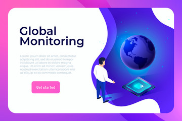 An operator of business data process management working with earth planet projection. Global monitoring website header template