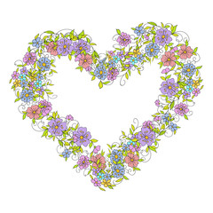 Floral wreath in the shape of a heart made of small decorative flowers in folk style. Botanical hand drawn illustration for design greeting cards Valentines day and weddings