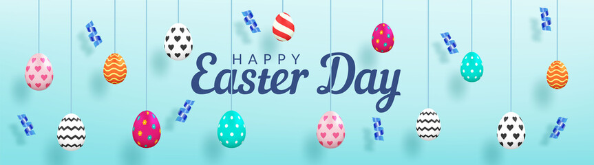 Happy easter day banner with colorful eggs and ribbons on blue background.