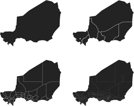 Niger vector maps with administrative regions, municipalities, departments, borders