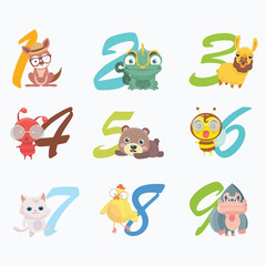 Plakat Set of funny numbers with cartoon animals.