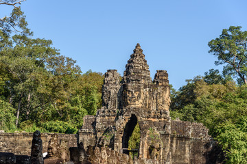 Buddha Faced Tower at the Bayon Temple at the Angkor Wat Complex in Siem Reap Cambodia