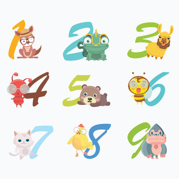 Set of funny numbers with cartoon animals.
