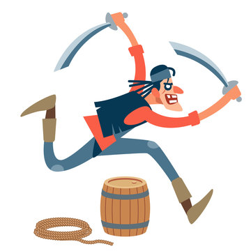 Pirate. Wiry, Assertive Pirate Attacks The Victim With Two Swords. Fearlessly Runs Forward. Vector Illustration Of Flat Cartoon On White Background.