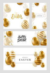 Set of vector Easter banners. Realistic golden eggs on white background. Happy Easter calligraphy.