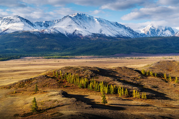 Fototapeta premium Morning in the Kurai steppe, view of the North Chuysky ridge. Kosh-Agachsky District, Altai Republic, Russia