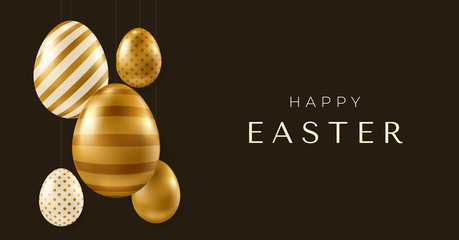Fototapeta na wymiar Vector Easter banner. Realistic golden eggs on dark brown background. Easter design elements.