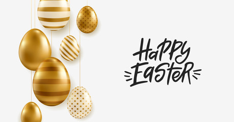 Fototapeta na wymiar Vector Easter banner. Realistic golden eggs on white background. Happy Easter calligraphy.