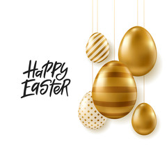 Vector Easter banner. Realistic golden eggs on white background. Happy Easter calligraphy.