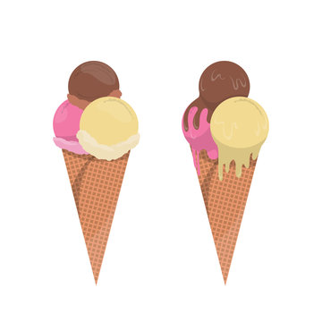 Colorful ice cream in waffle cone, melted ice cream, vector illustration on white background, isolated