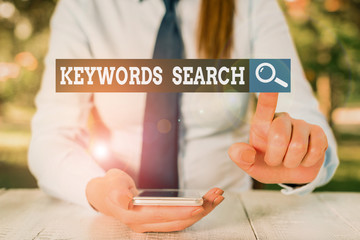 Text sign showing Keywords Search. Business photo showcasing looks for matching documents that...