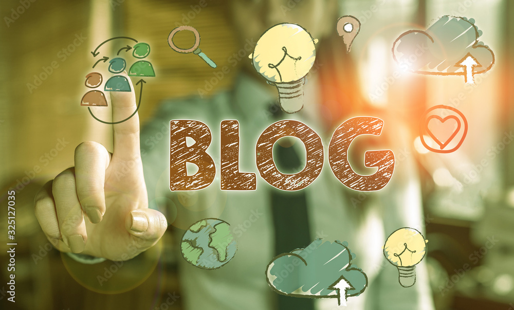 Poster writing note showing blogquestion. business concept for regularly updated website web page run by in