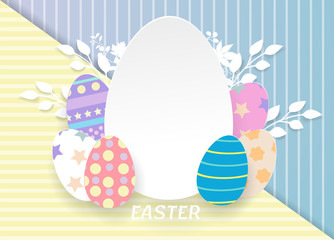 white Easter egg with paper leaf and colorful eggs on yellow and blue background.