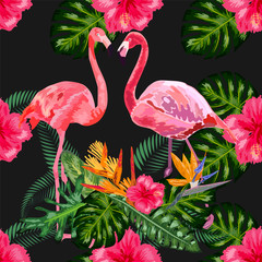 Seamless graphic pattern of flamingos in love among the trees