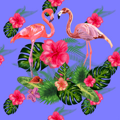 Obraz premium Seamless graphic pattern of flamingos in love among the trees
