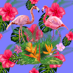 Seamless graphic pattern of flamingos in love among the trees