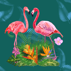 Seamless graphic pattern of flamingos in love among the trees
