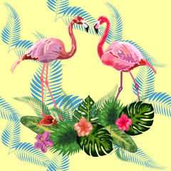 Obraz na płótnie Canvas Seamless graphic pattern of flamingos in love among the trees