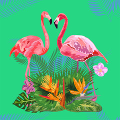 Naklejka premium Seamless graphic pattern of flamingos in love among the trees