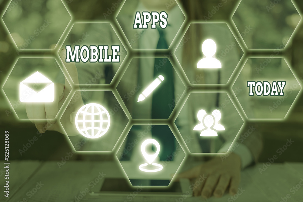Aufkleber word writing text mobile apps. business photo showcasing application software designed to run on a m