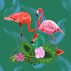 Pink flamingos, tropical flowers and jungle leaves, hibiscus, pink lotus. Beautiful seamless floral jungle pattern background