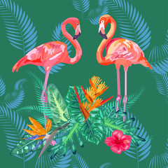 Obraz premium Pink flamingos, tropical flowers and jungle leaves, hibiscus, pink lotus. Beautiful seamless floral jungle pattern background