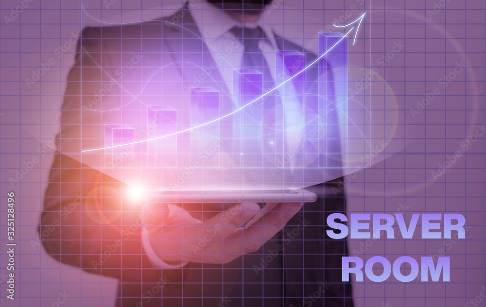 Poster writing note showing server room. business concept for a room used to store power and operate comput