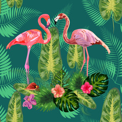 Pink flamingos, tropical flowers and jungle leaves, hibiscus, pink lotus.