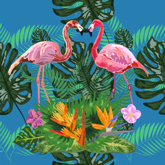 Pink flamingos, tropical flowers and jungle leaves, hibiscus, pink lotus. Beautiful seamless floral jungle pattern background