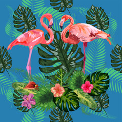 Beautiful seamless floral pattern background with pink flamingos, tropical flowers. Abstract geometric texture