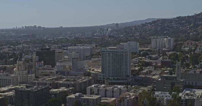 Los Angeles Aerial V188 Hollywood, Central LA Cityscape Panoramic With Skyscraper Skyline And Hollywood Hills In Backdrop - October 2019