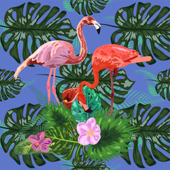 Tropical trendy seamless pattern with pink flamingos and mint green palm leaves.