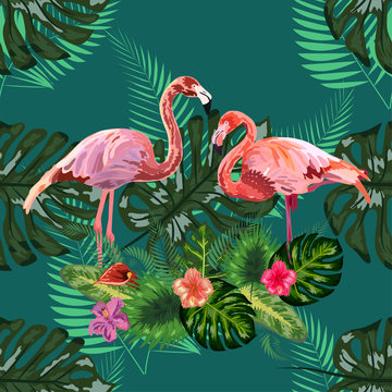 Beautiful seamless floral pattern background with pink flamingos, tropical flowers. Abstract geometric texture © MichiruKayo