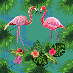 Beautiful seamless floral pattern background with pink flamingos, tropical flowers. Abstract geometric texture