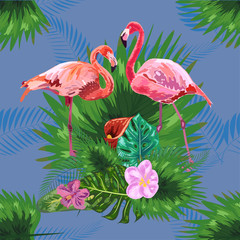 Tropical trendy seamless pattern with pink flamingos and mint green palm leaves.